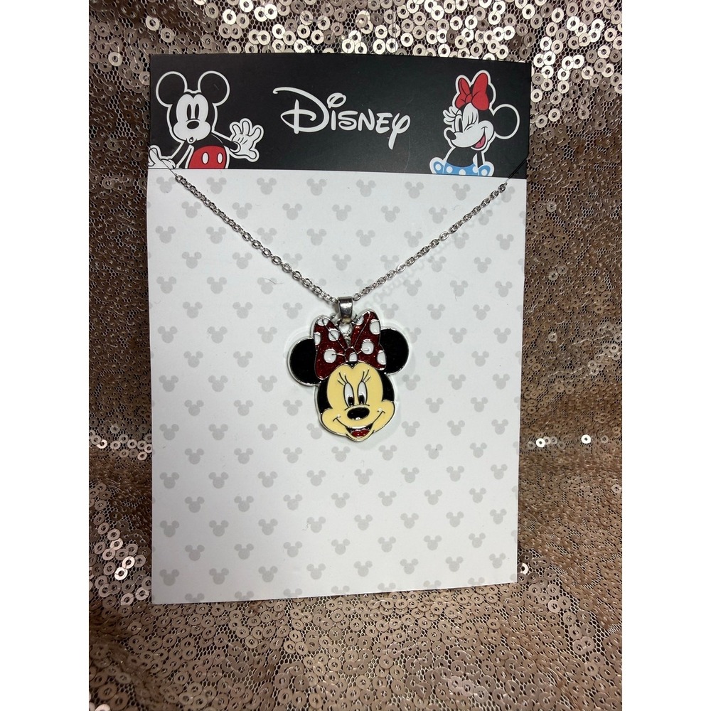 Disney Minnie Mouse Enamel Pendant Necklace Silver Tone Chain Red Polka Dot New